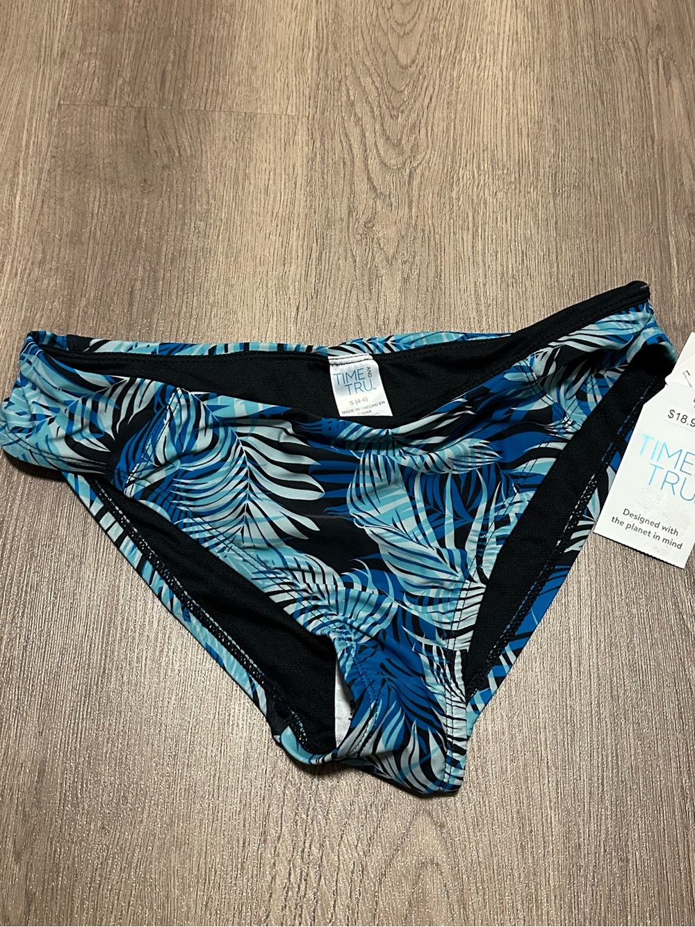 Time and Tru Black Bikini Bottoms with Blue Palm Trim